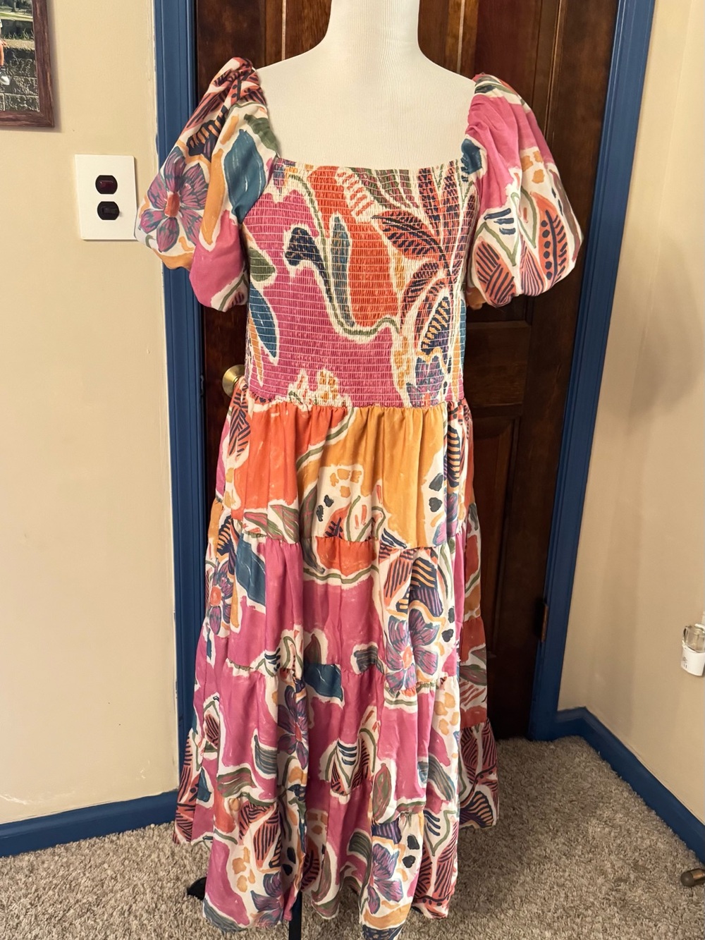 Smocked Puff-Sleeve Floral Midi Dress in Pink & Orange